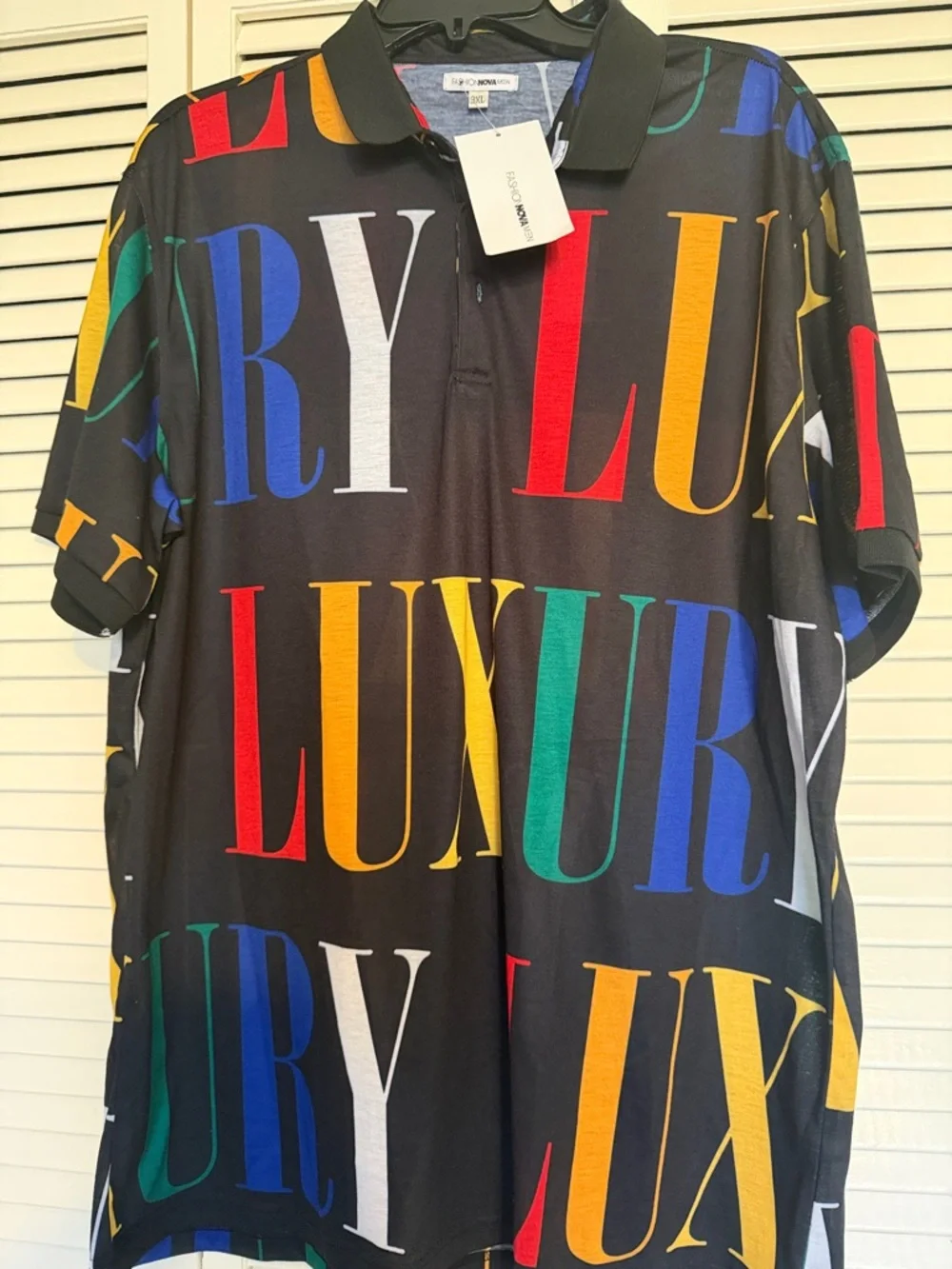 Fashion Nova Black Polo with Multicolor 'LUXURY' Print - Picture 3 of 4